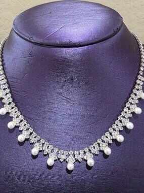 Vintage Elegant Princess Triple Row Rhinestone Pearl Drop Prom Wedding Necklace